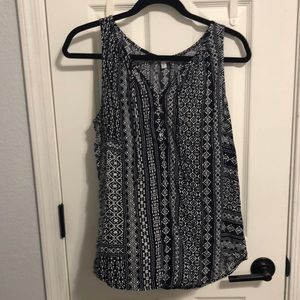 Sonoma Black/Dark Blue and White Patterned V Neck Tank Top with Ties